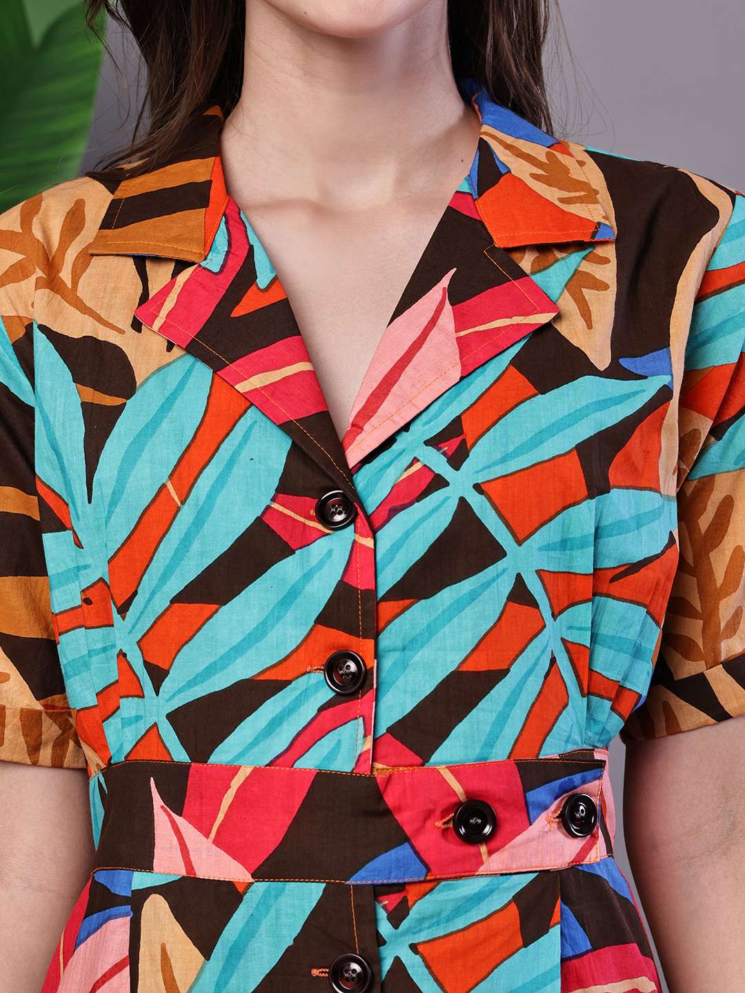 Women's Leaf Print Button-Down Cotton Midi Dress - Image 5